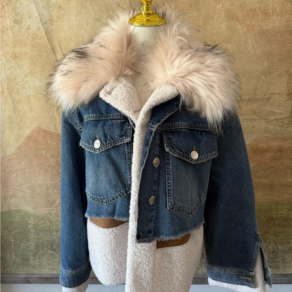 Pinko Denim Jacket with Blush and Brown Faux Fur